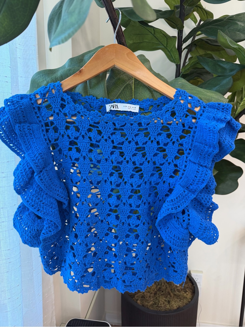 Zara Royal Blue Crochet Ruffle-Sleeve Top